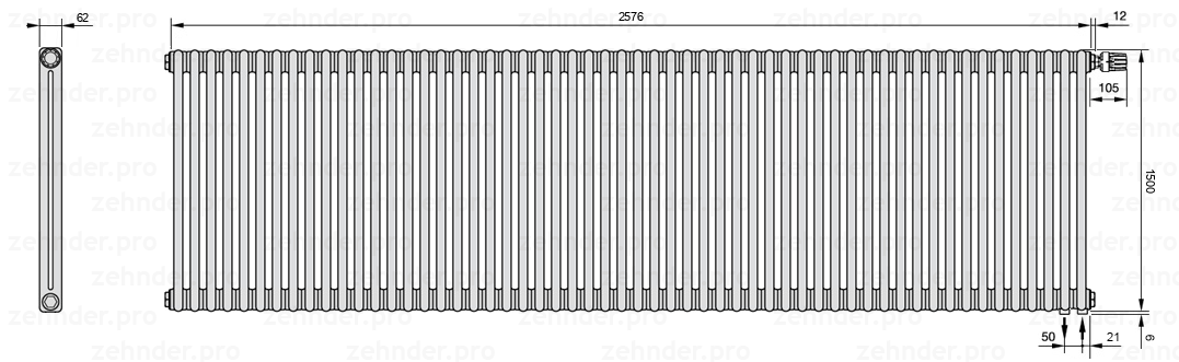 Схема (чертеж) Радиатор Zehnder Charleston 2150/56 №V002 Белый глянцевый RAL 9016